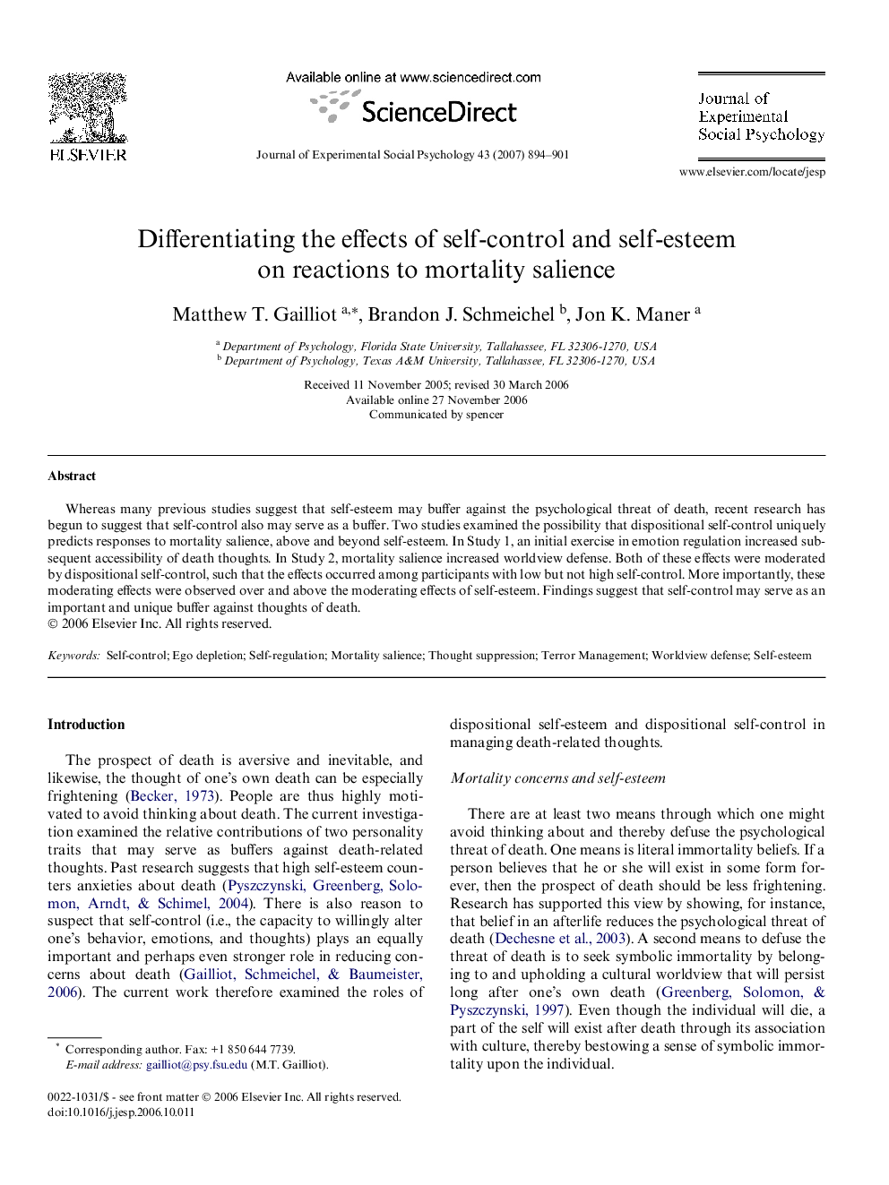 Differentiating the effects of self-control and self-esteem on reactions to mortality salience