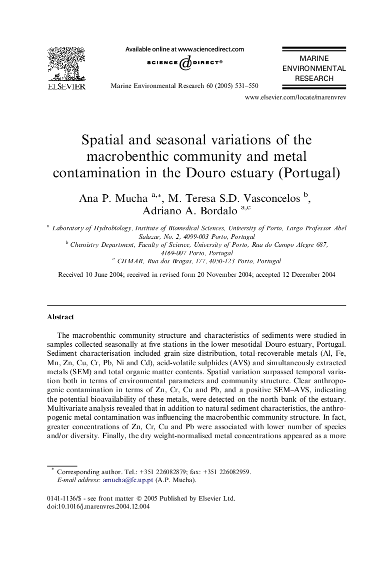 Spatial and seasonal variations of the macrobenthic community and metal contamination in the Douro estuary (Portugal)