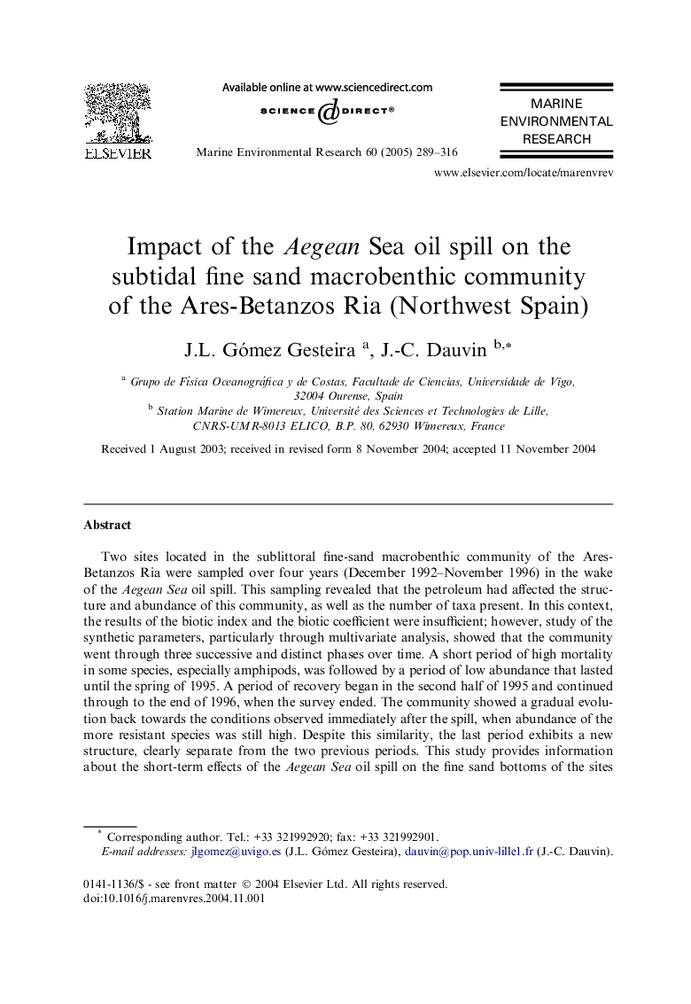 Impact of the Aegean Sea oil spill on the subtidal fine sand macrobenthic community of the Ares-Betanzos Ria (Northwest Spain)