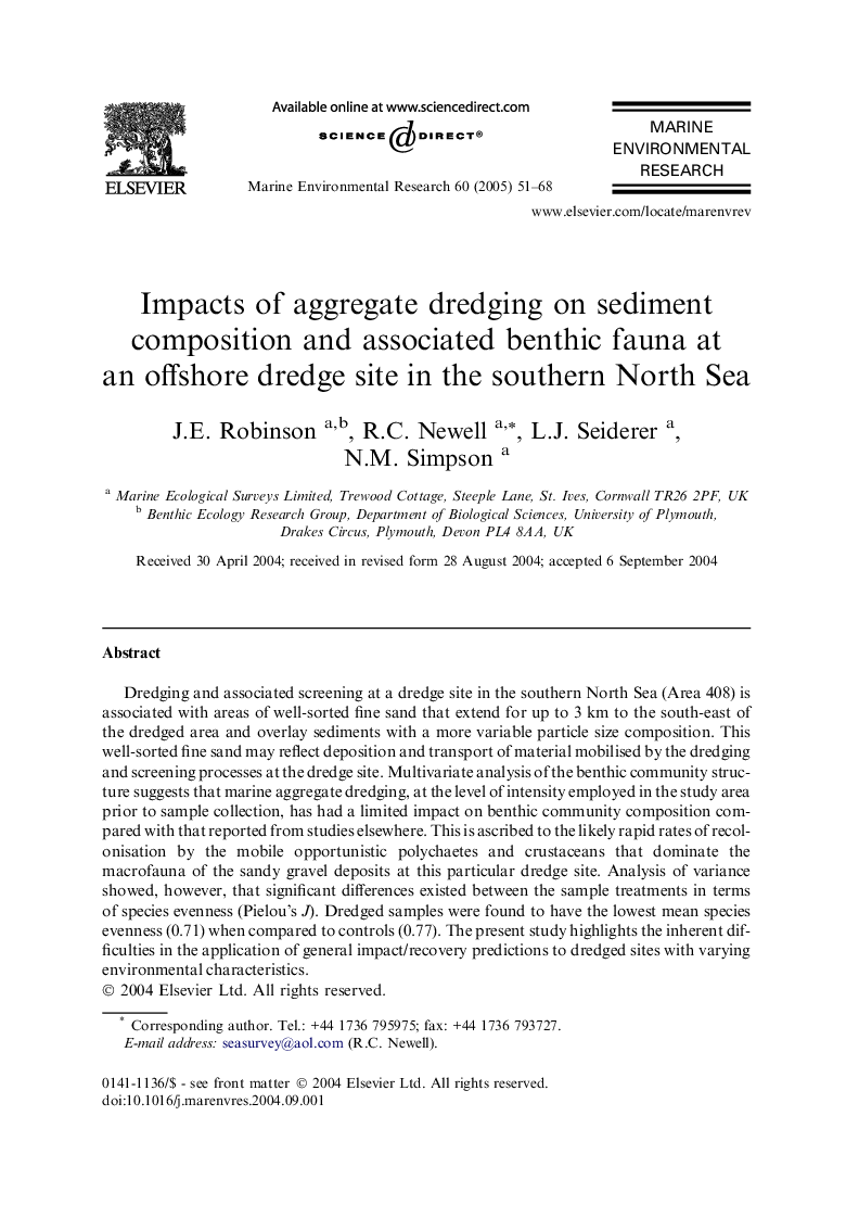 Impacts of aggregate dredging on sediment composition and associated benthic fauna at an offshore dredge site in the southern North Sea