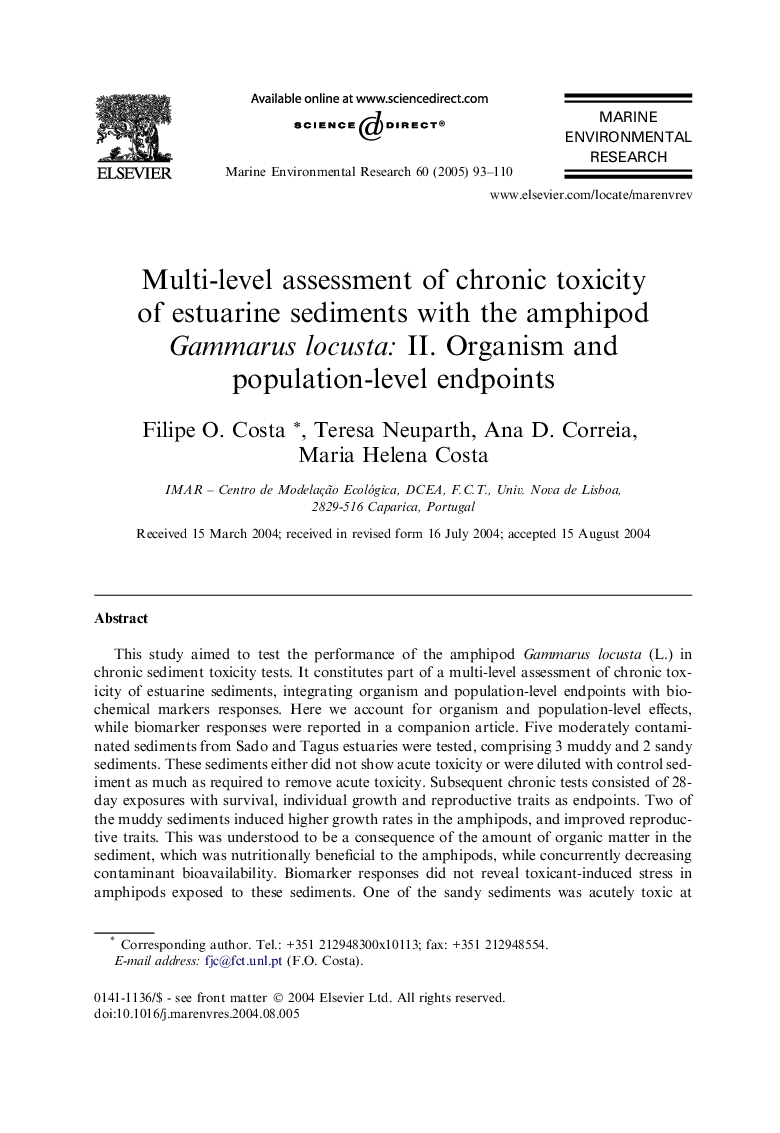 Multi-level assessment of chronic toxicity of estuarine sediments with the amphipod Gammarus locusta: II. Organism and population-level endpoints