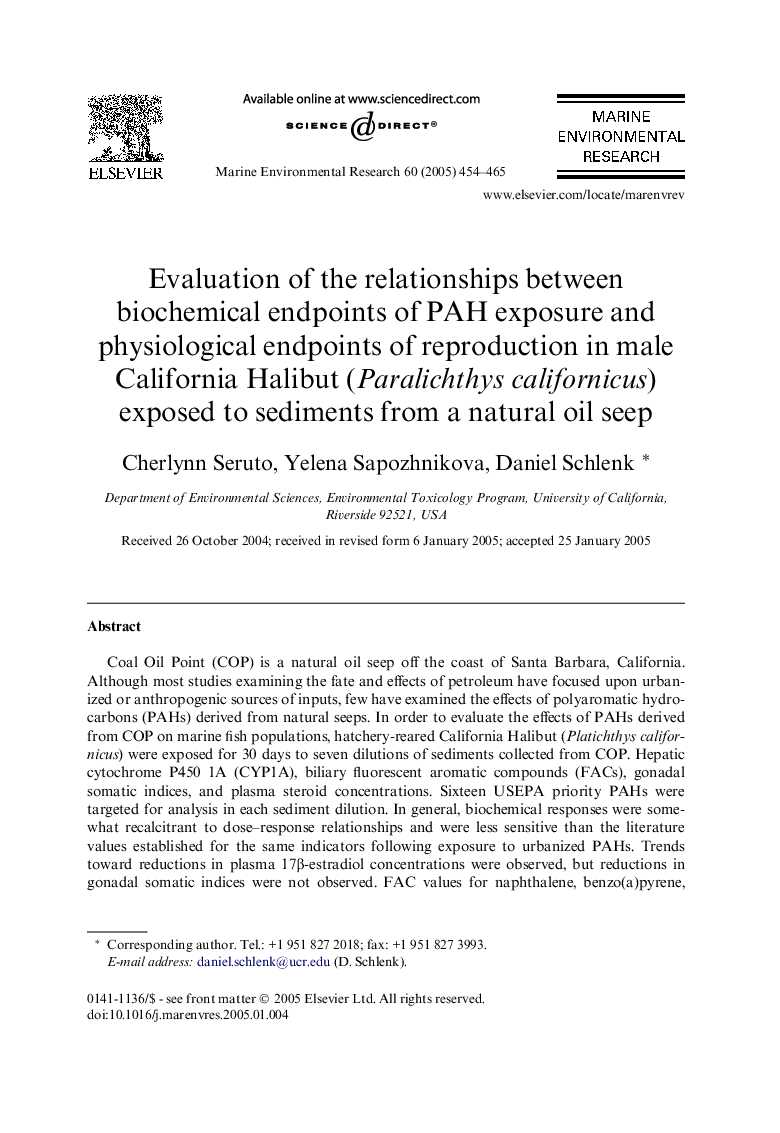 Evaluation of the relationships between biochemical endpoints of PAH exposure and physiological endpoints of reproduction in male California Halibut (Paralichthys californicus) exposed to sediments from a natural oil seep