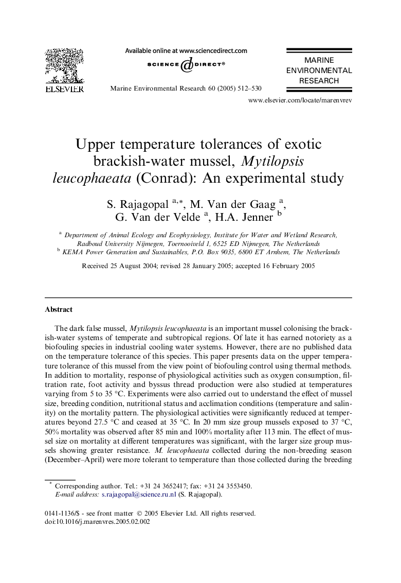 Upper temperature tolerances of exotic brackish-water mussel, Mytilopsis leucophaeata (Conrad): An experimental study