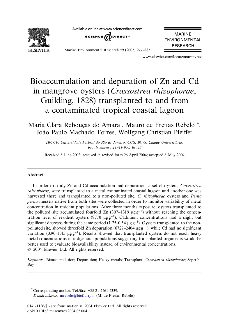 Bioaccumulation and depuration of Zn and Cd in mangrove oysters (Crassostrea rhizophorae, Guilding, 1828) transplanted to and from a contaminated tropical coastal lagoon