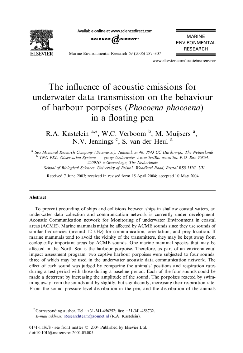 The influence of acoustic emissions for underwater data transmission on the behaviour of harbour porpoises (Phocoena phocoena) in a floating pen