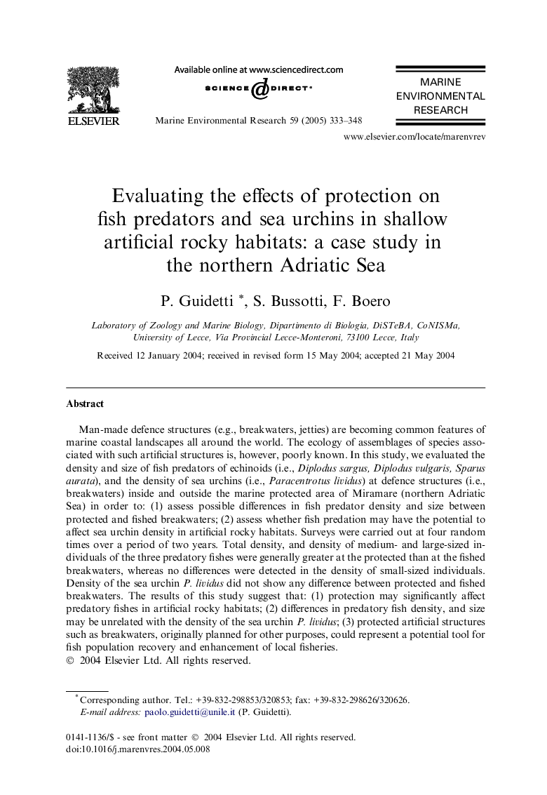 Evaluating the effects of protection on fish predators and sea urchins in shallow artificial rocky habitats: a case study in the northern Adriatic Sea