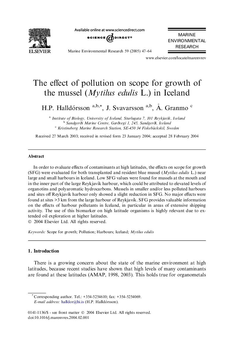 The effect of pollution on scope for growth of the mussel (Mytilus edulis L.) in Iceland