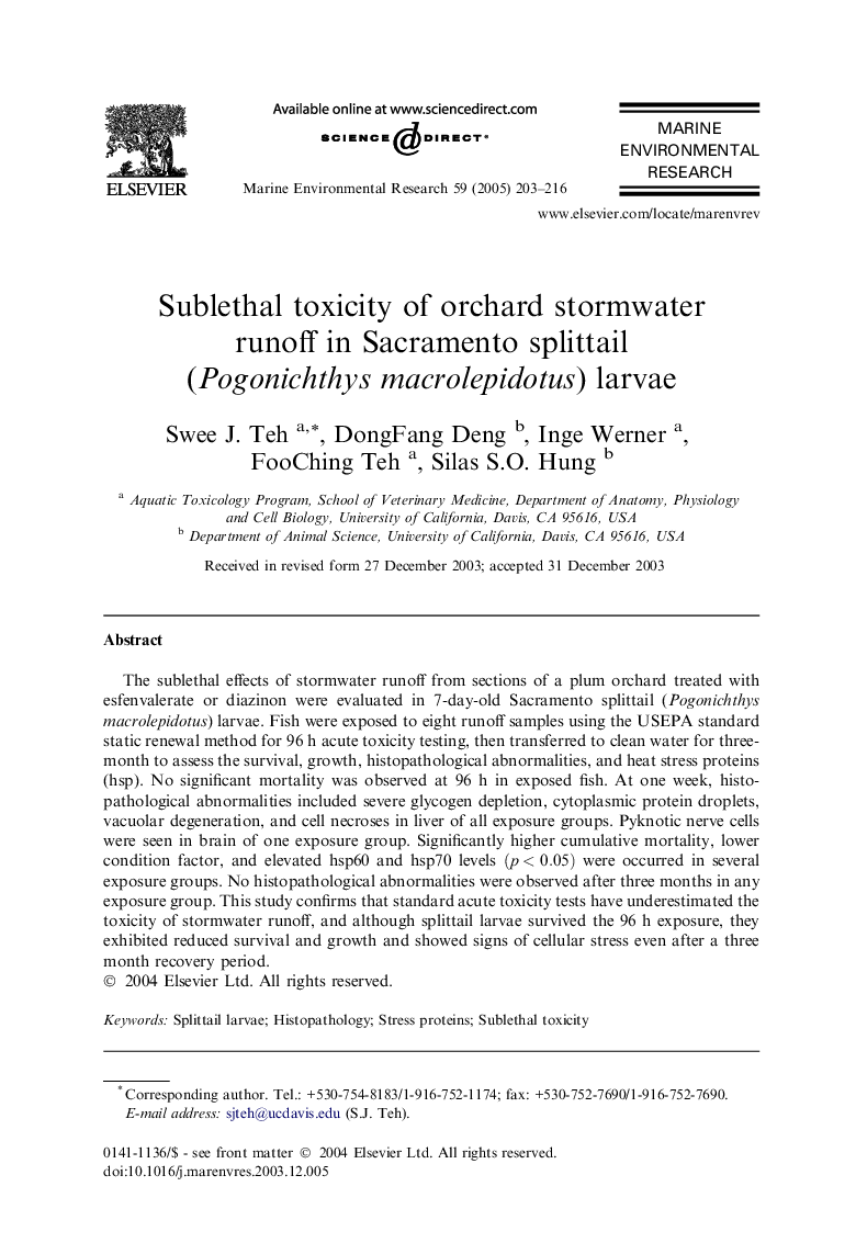 Sublethal toxicity of orchard stormwater runoff in Sacramento splittail (Pogonichthys macrolepidotus) larvae