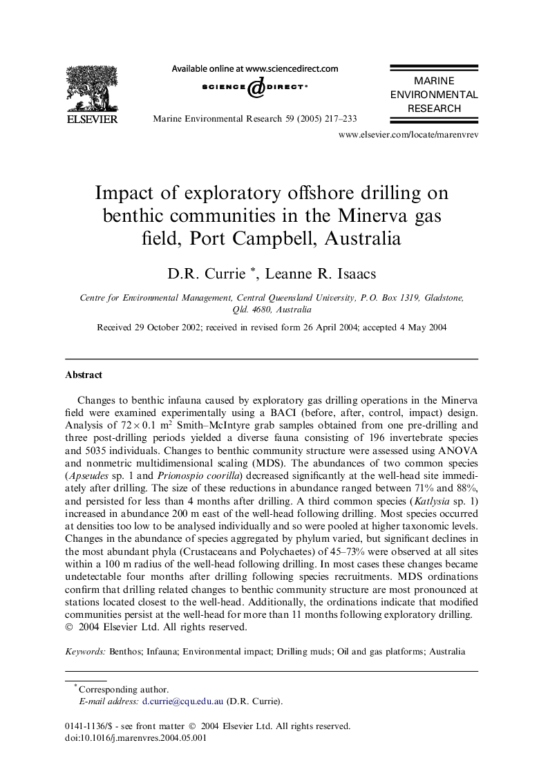 Impact of exploratory offshore drilling on benthic communities in the Minerva gas field, Port Campbell, Australia