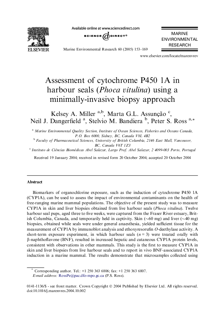 Assessment of cytochrome P450 1A in harbour seals (Phoca vitulina) using a minimally-invasive biopsy approach