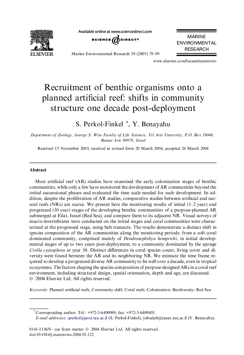 Recruitment of benthic organisms onto a planned artificial reef: shifts in community structure one decade post-deployment