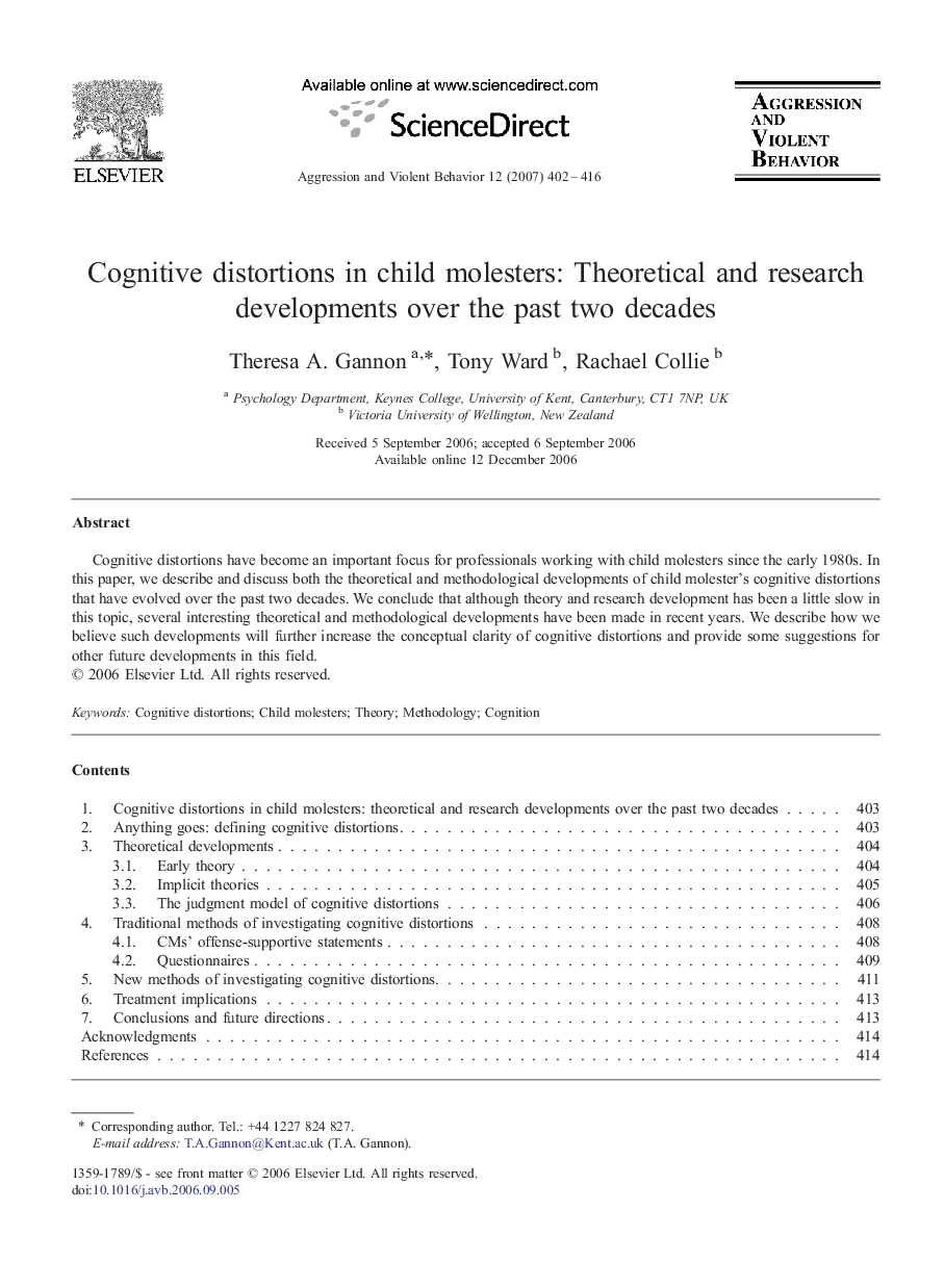 Cognitive distortions in child molesters: Theoretical and research developments over the past two decades