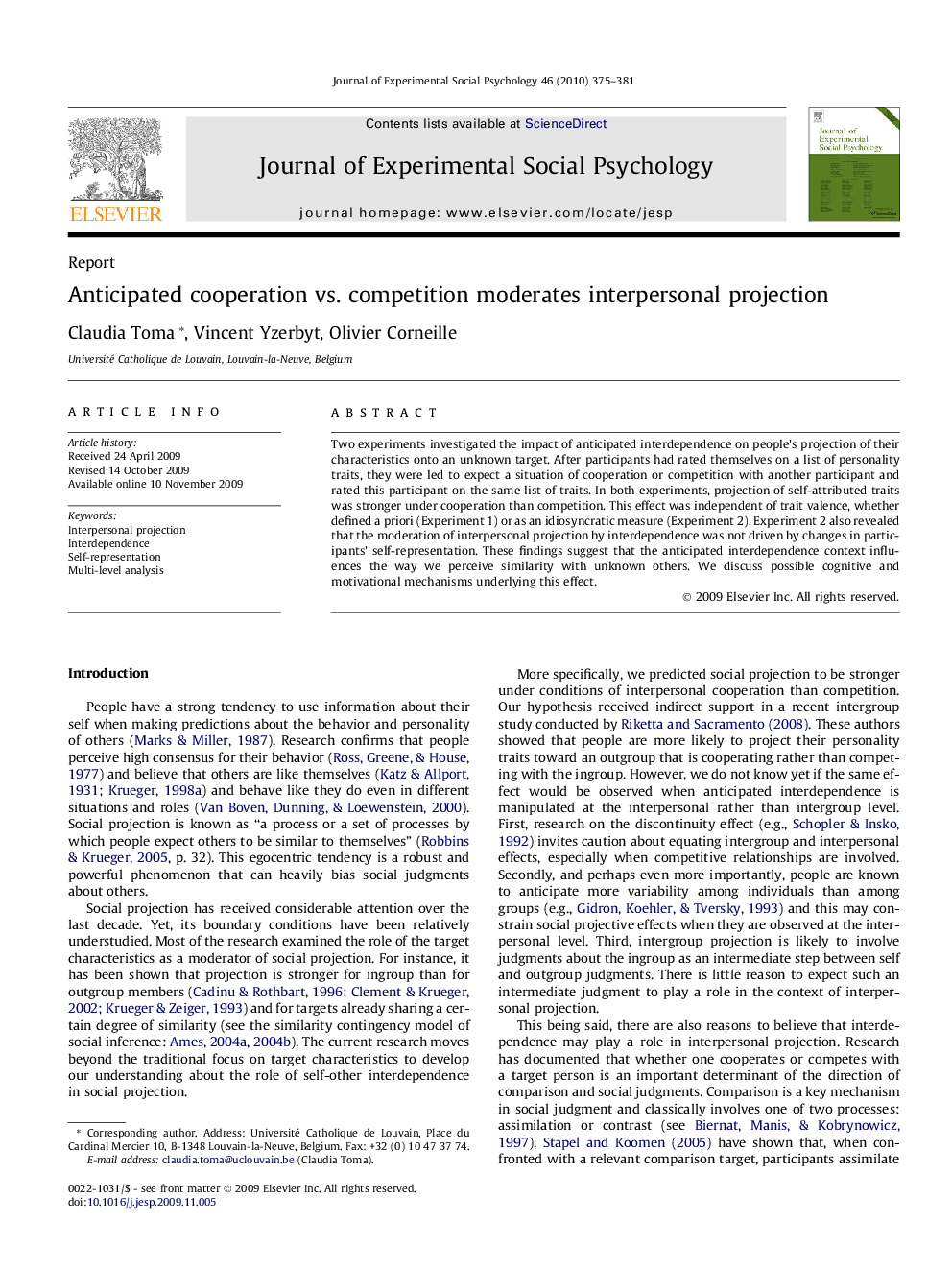 Anticipated cooperation vs. competition moderates interpersonal projection