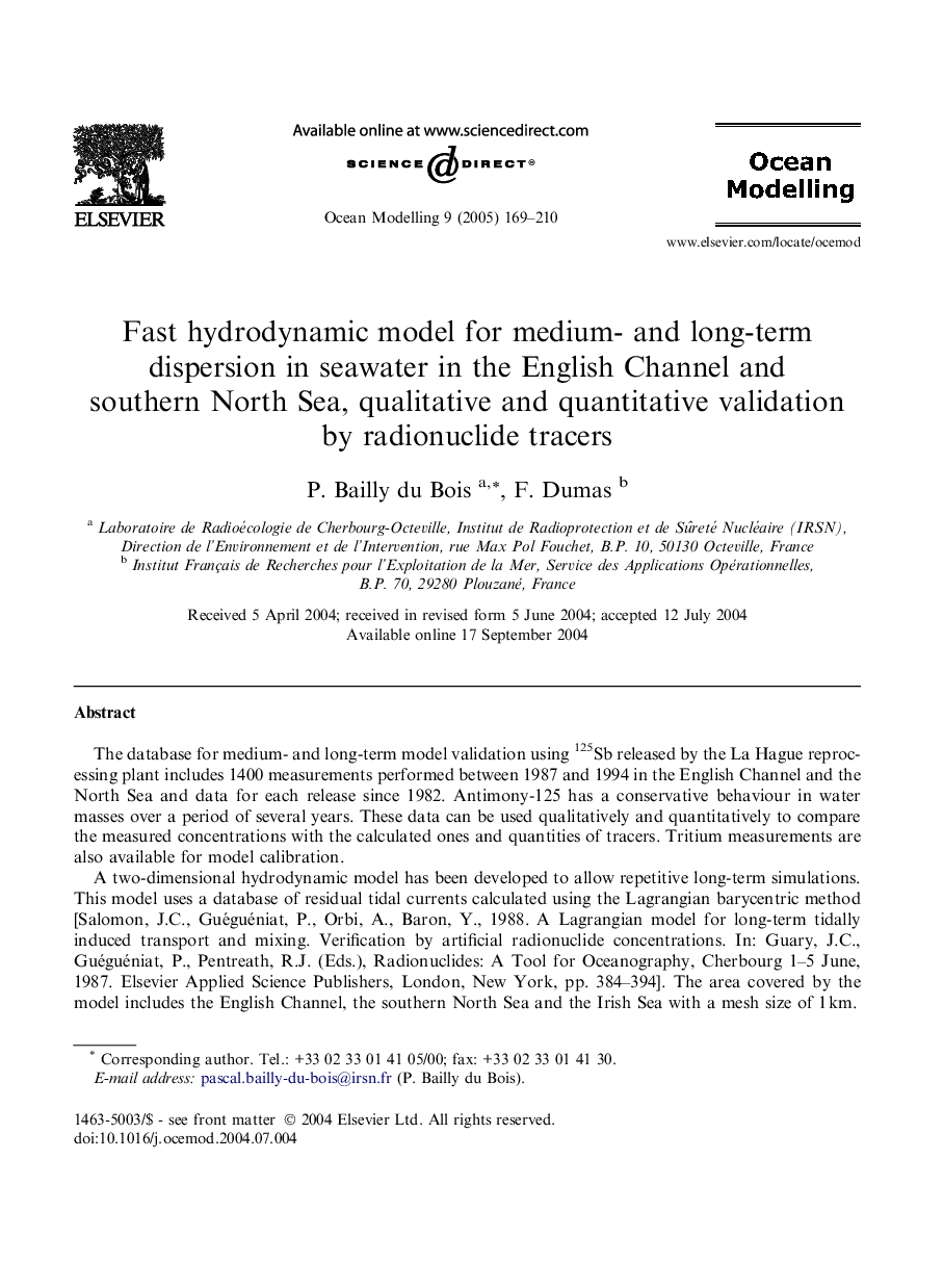 Fast hydrodynamic model for medium- and long-term dispersion in seawater in the English Channel and southern North Sea, qualitative and quantitative validation by radionuclide tracers