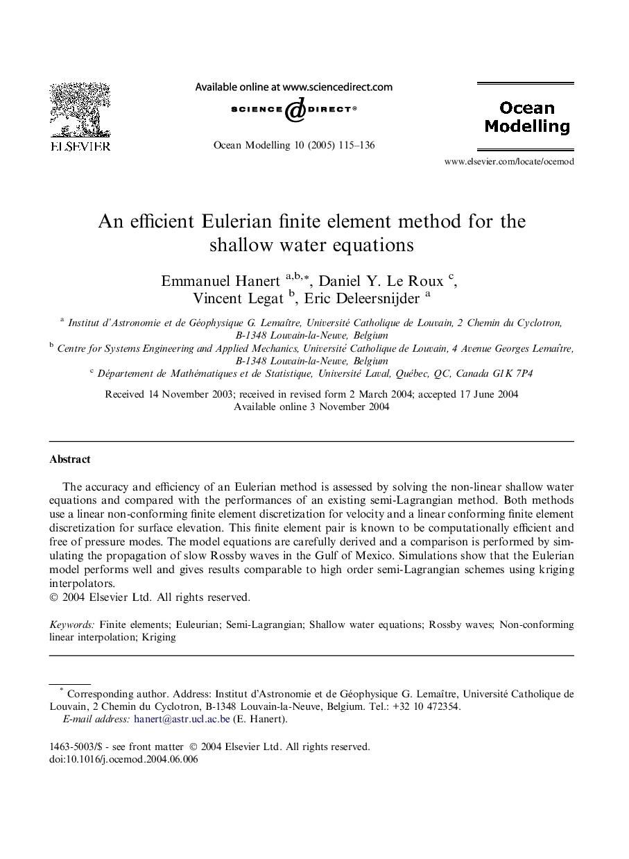 An efficient Eulerian finite element method for the shallow water equations