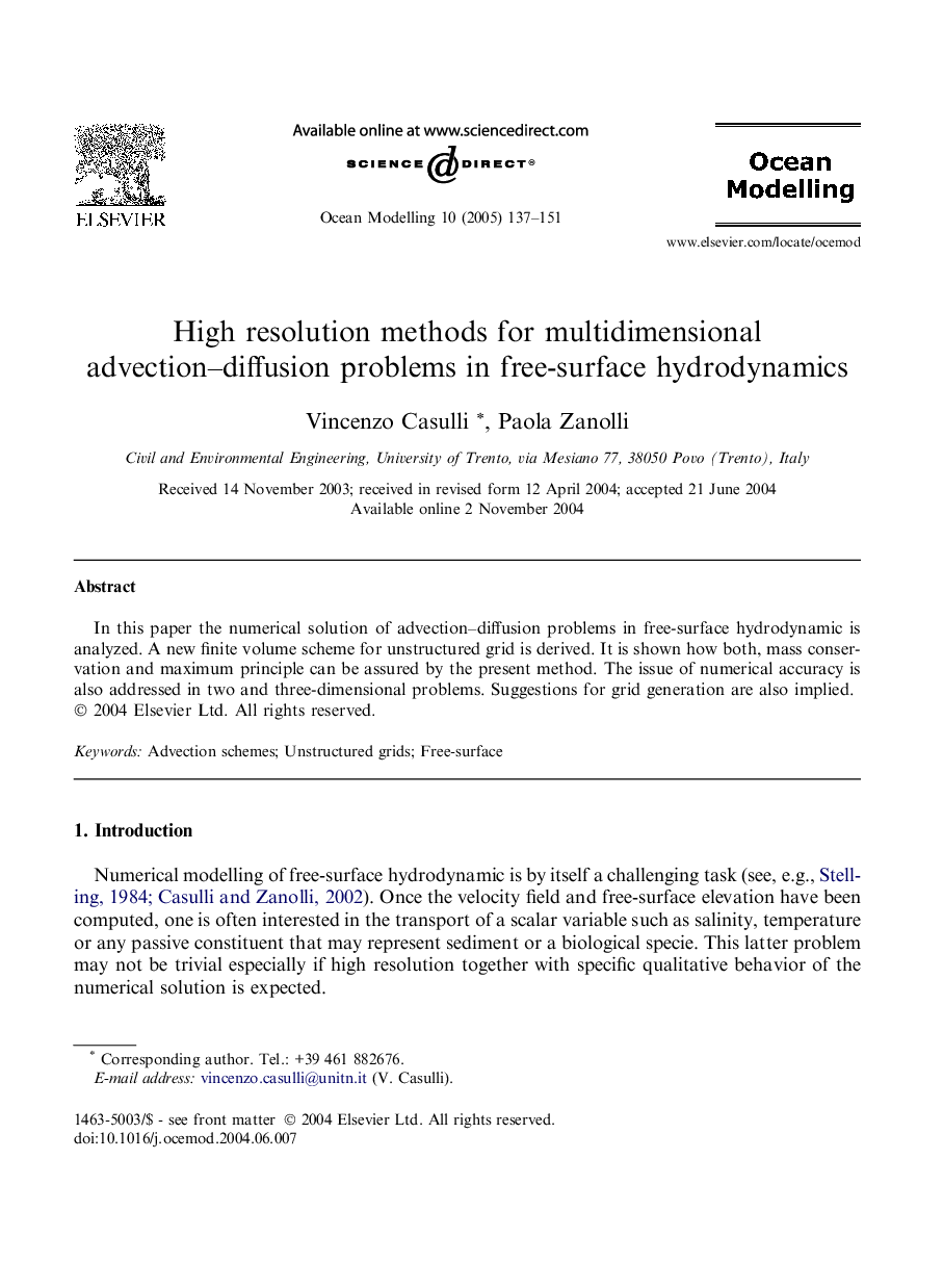 High resolution methods for multidimensional advection-diffusion problems in free-surface hydrodynamics