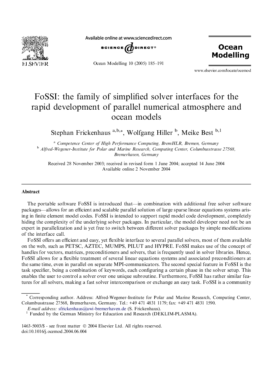 FoSSI: the family of simplified solver interfaces for the rapid development of parallel numerical atmosphere and ocean models