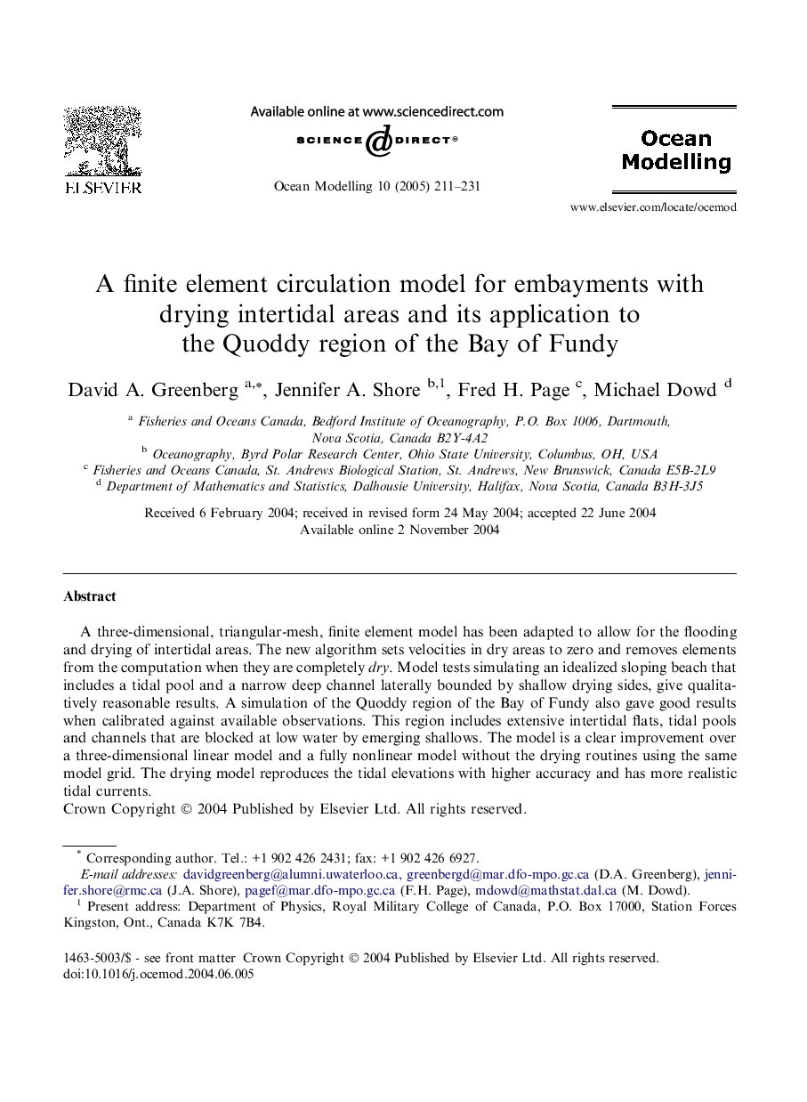 عکس صفحه اول مقاله: A finite element circulation model for embayments with drying intertidal areas and its application to the Quoddy region of the Bay of Fundy A finite element circulation model for embayments with drying intertidal areas and its application to the Quoddy region of the Bay of Fundy