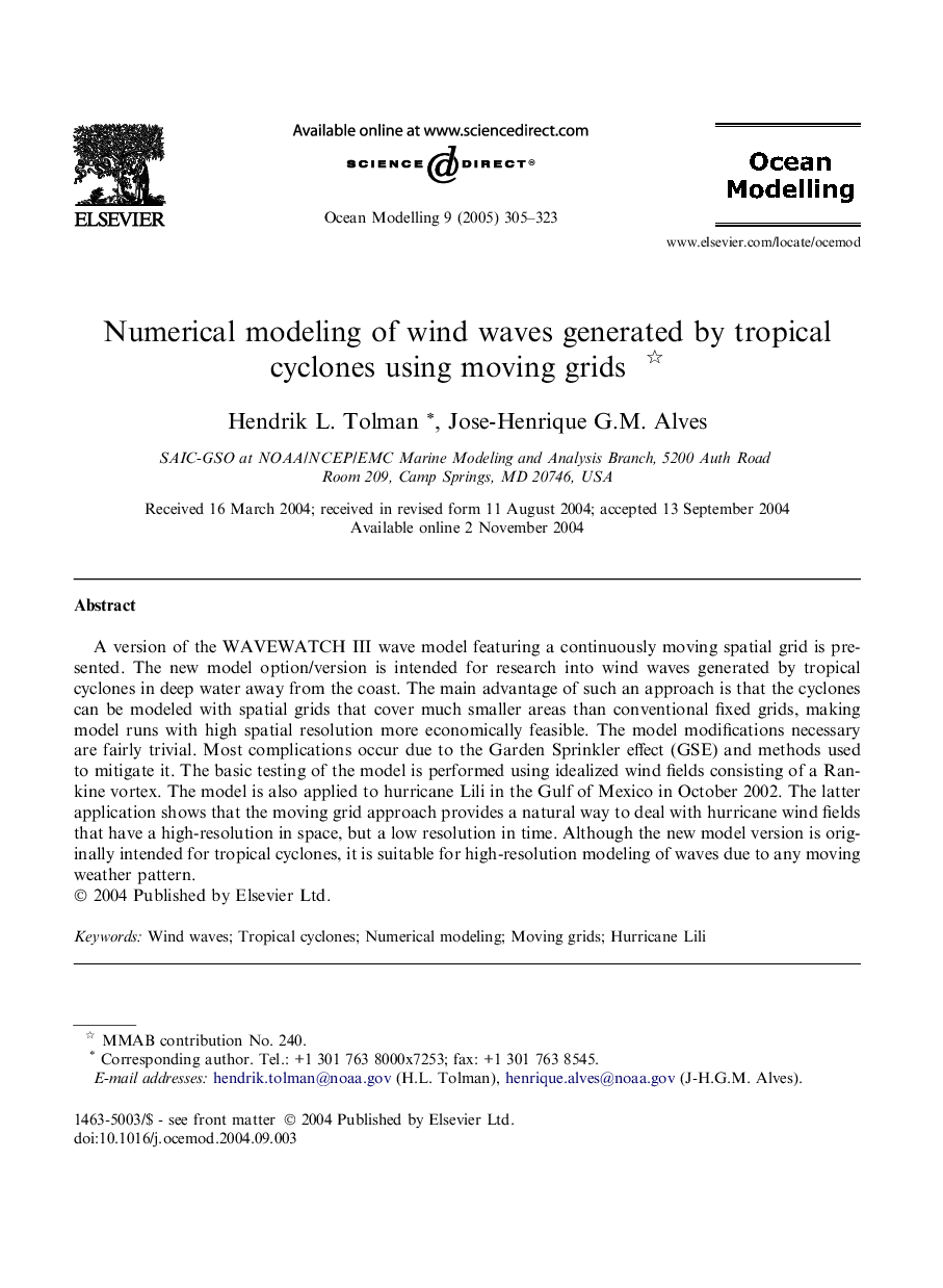 Numerical modeling of wind waves generated by tropical cyclones using moving grids