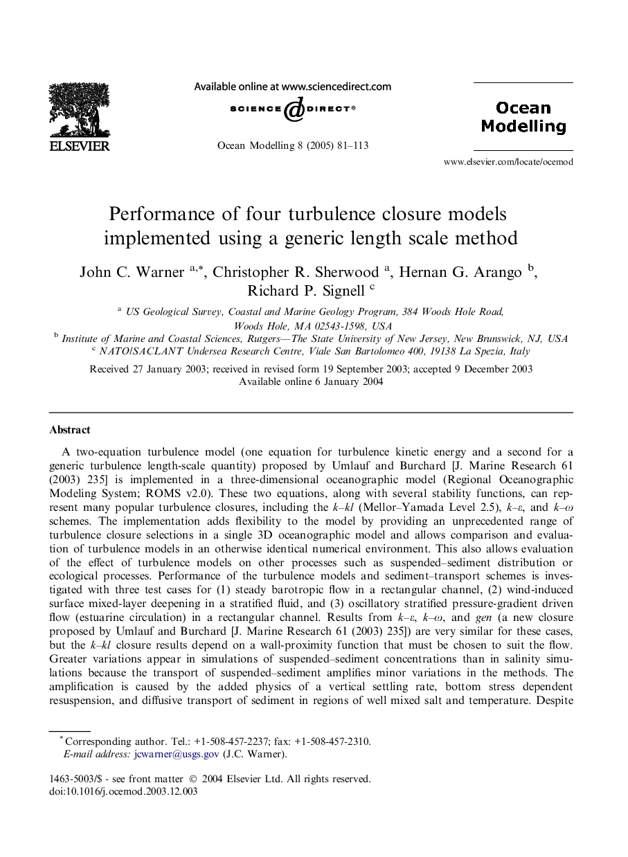 Performance of four turbulence closure models implemented using a generic length scale method