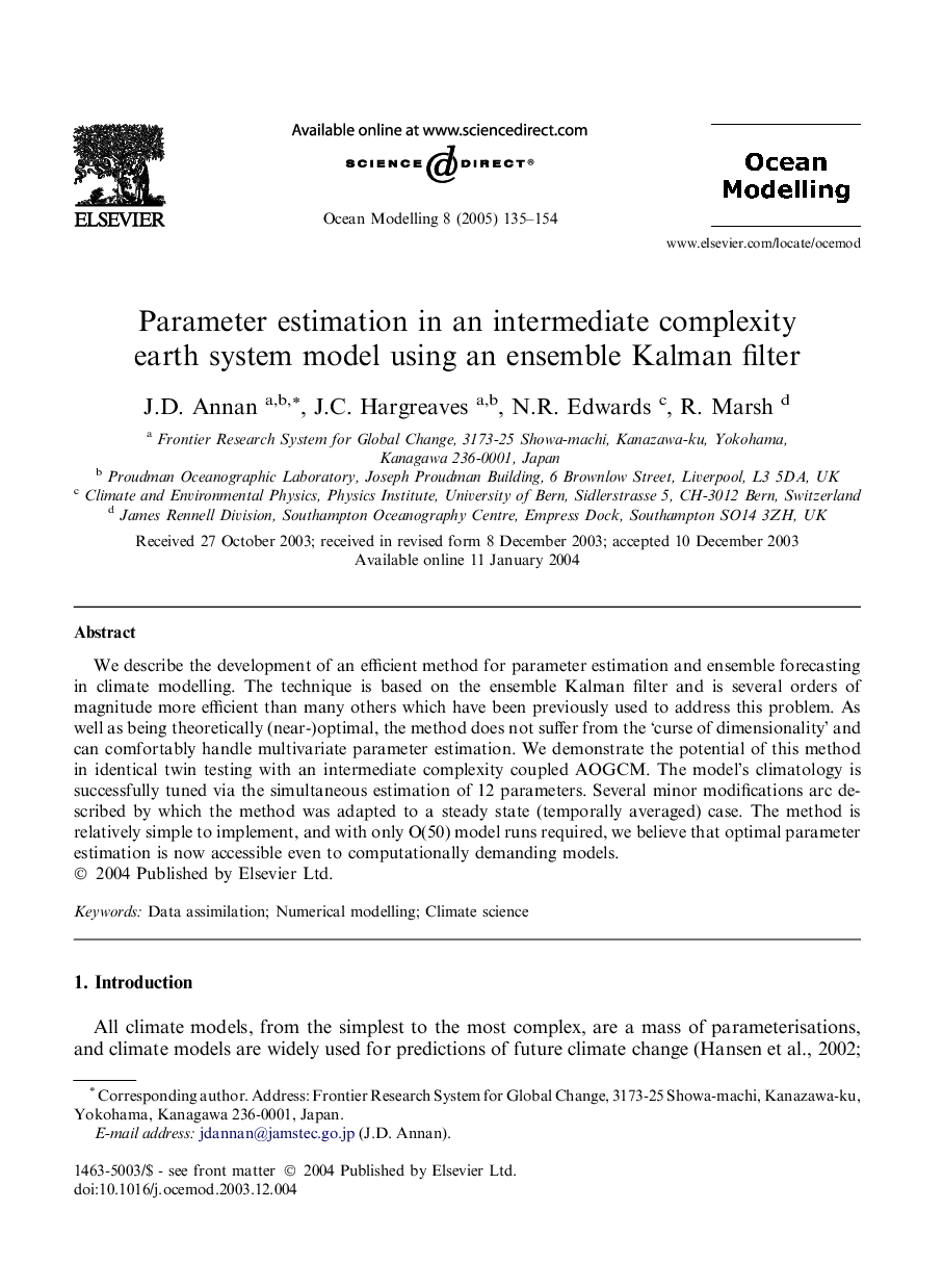 Parameter estimation in an intermediate complexity earth system model using an ensemble Kalman filter