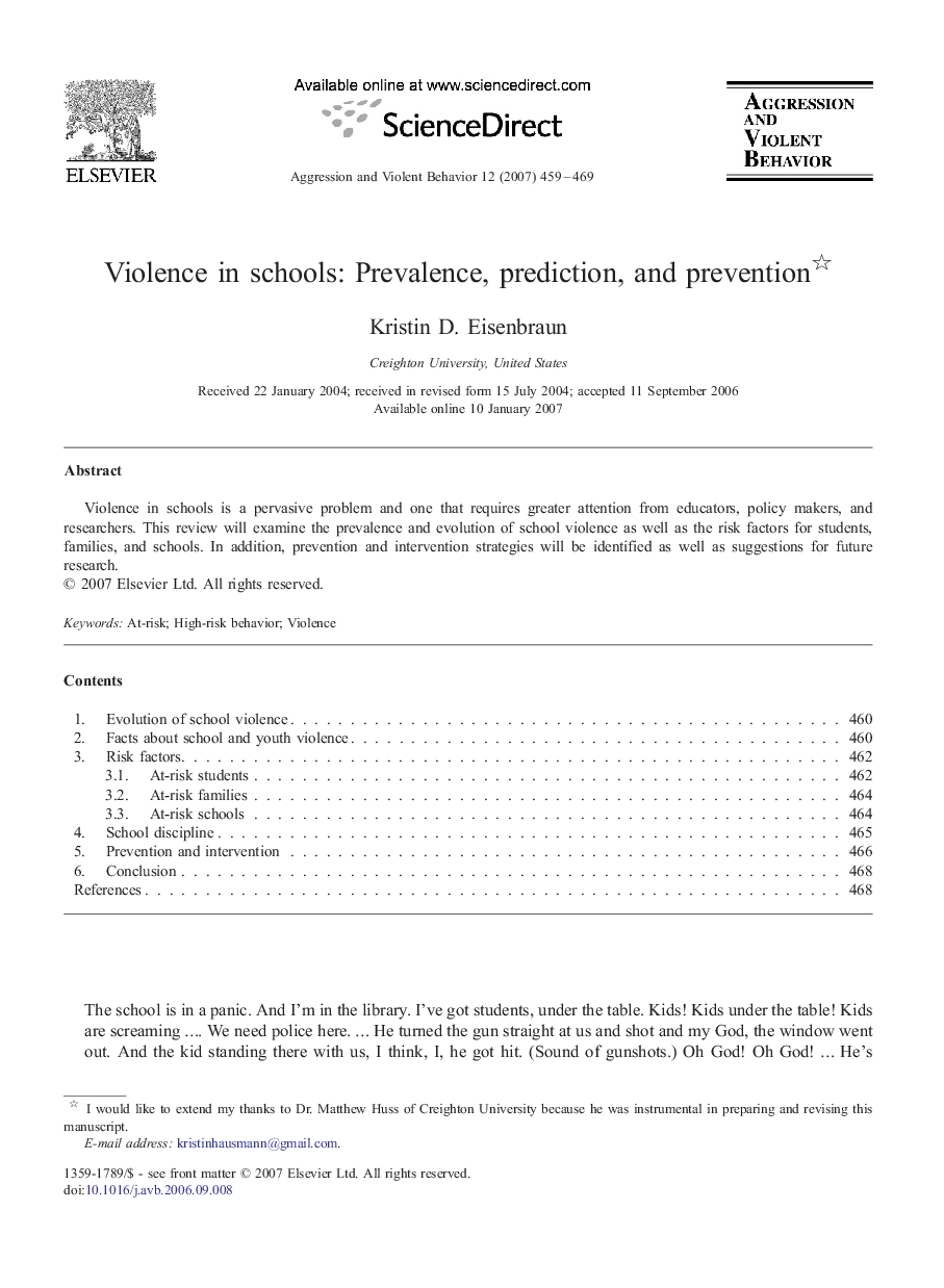 Violence in schools: Prevalence, prediction, and prevention 