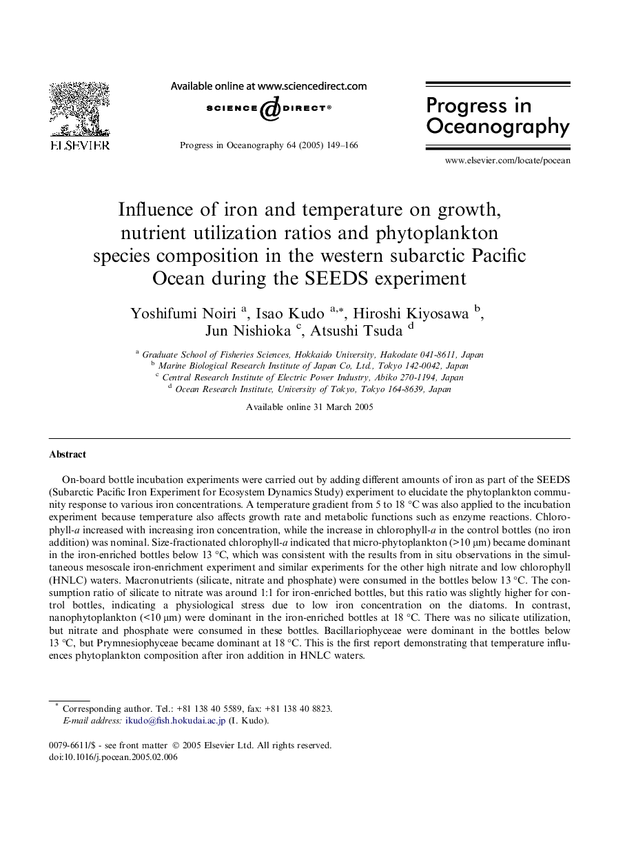 Influence of iron and temperature on growth, nutrient utilization ratios and phytoplankton species composition in the western subarctic Pacific Ocean during the SEEDS experiment