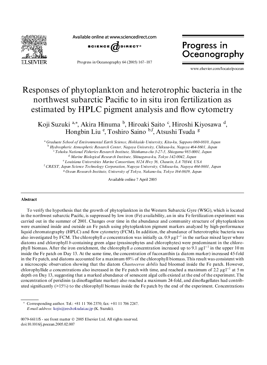 Responses of phytoplankton and heterotrophic bacteria in the northwest subarctic Pacific to in situ iron fertilization as estimated by HPLC pigment analysis and flow cytometry