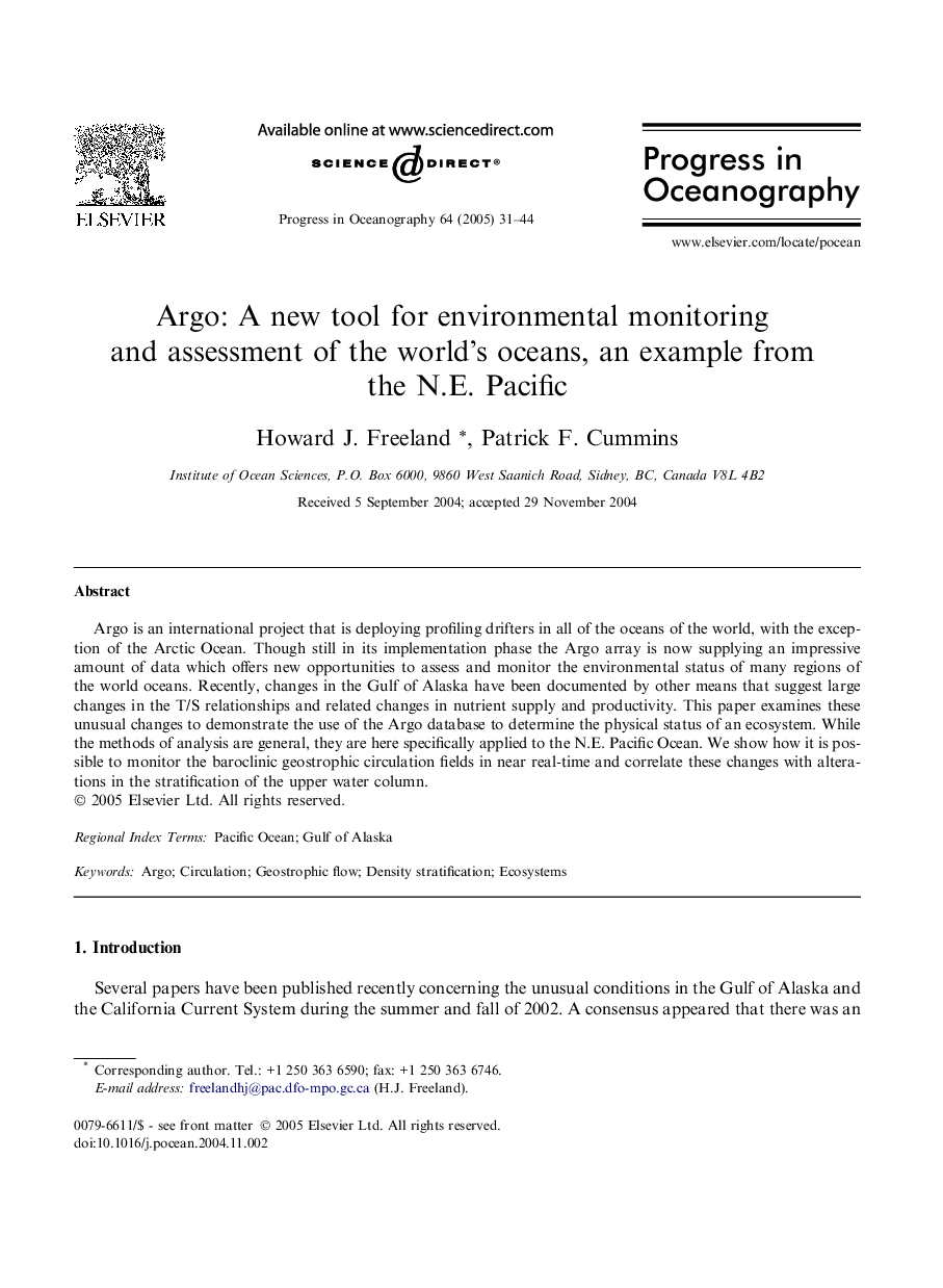 Argo: A new tool for environmental monitoring and assessment of the world's oceans, an example from the N.E. Pacific