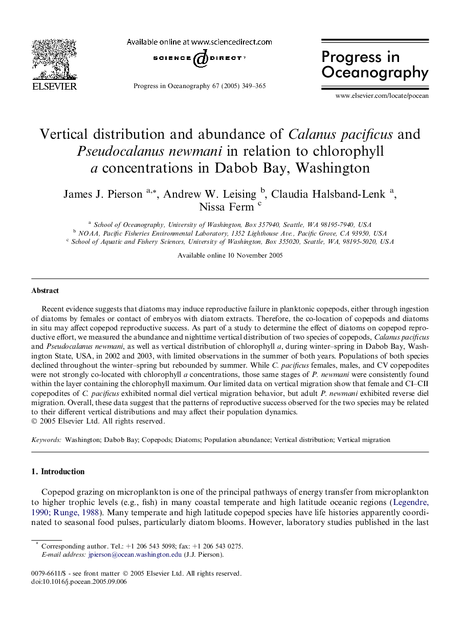 Vertical distribution and abundance of Calanus pacificus and Pseudocalanus newmani in relation to chlorophyll a concentrations in Dabob Bay, Washington