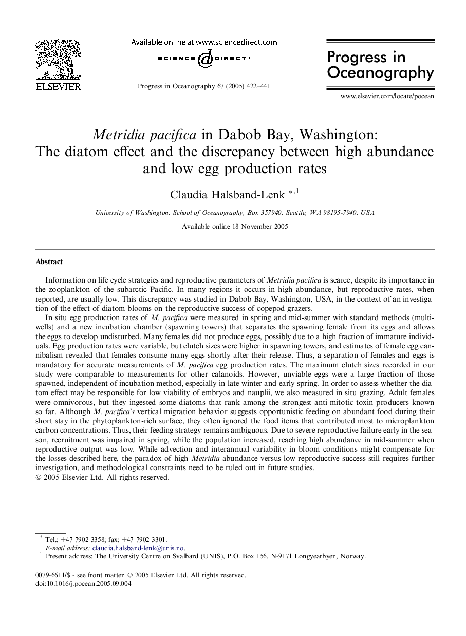 Metridia pacifica in Dabob Bay, Washington: The diatom effect and the discrepancy between high abundance and low egg production rates