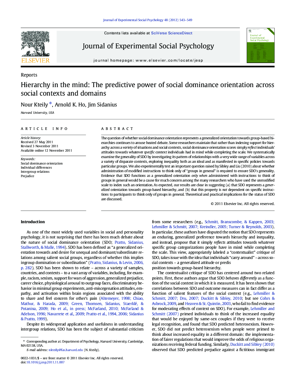 Hierarchy in the mind: The predictive power of social dominance orientation across social contexts and domains