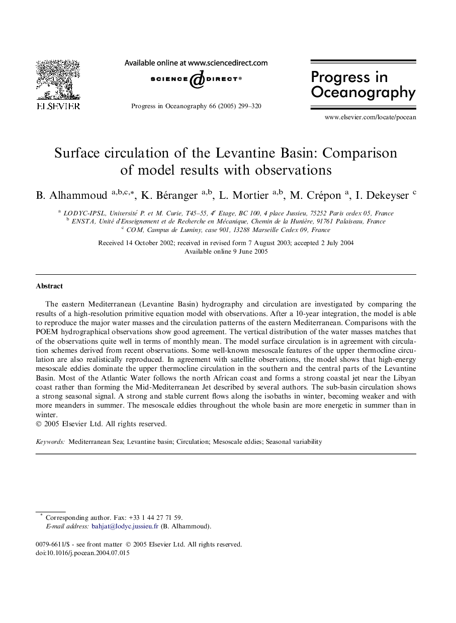 Surface circulation of the Levantine Basin: Comparison of model results with observations