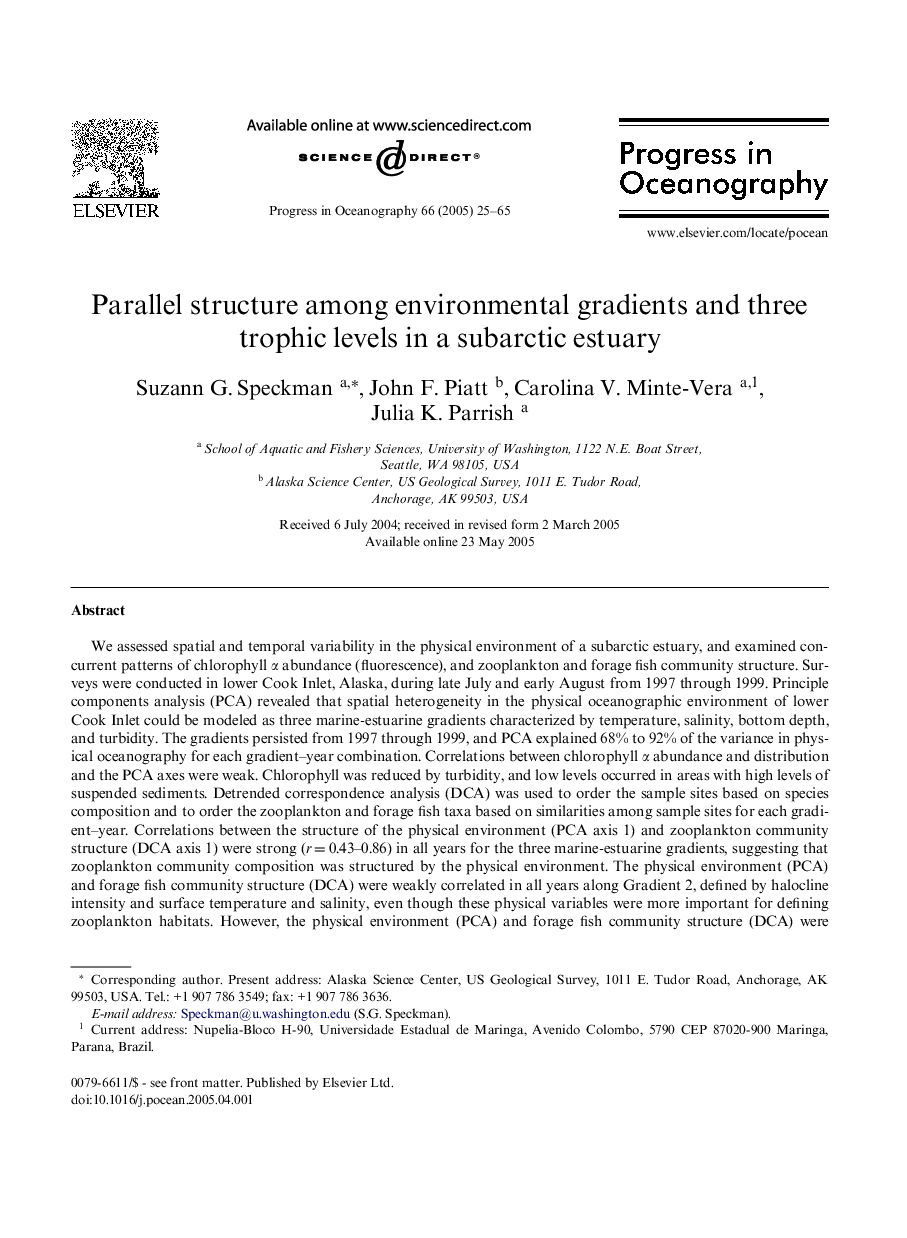 Parallel structure among environmental gradients and three trophic levels in a subarctic estuary