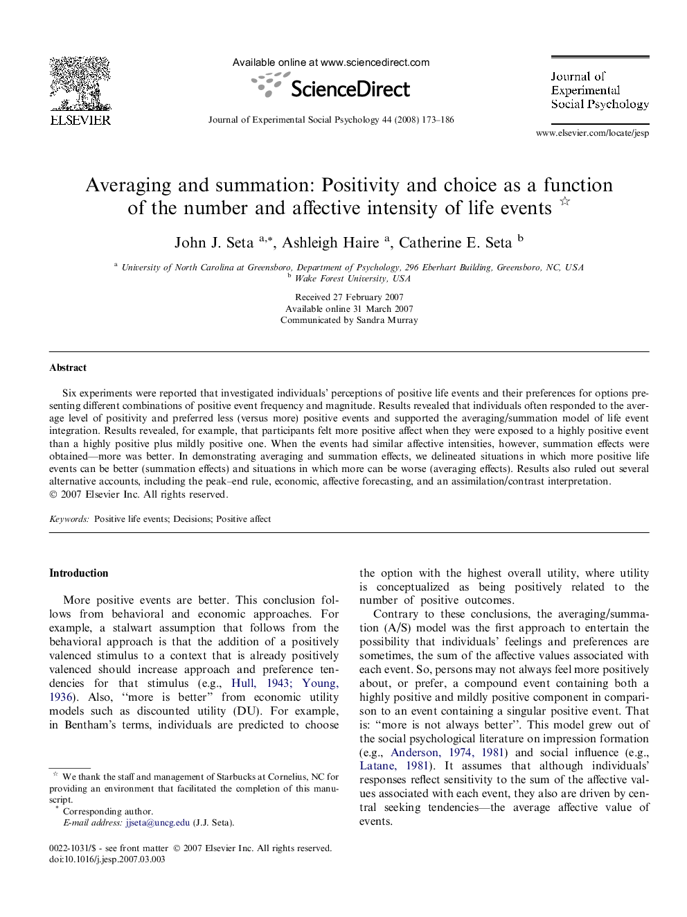 Averaging and summation: Positivity and choice as a function of the number and affective intensity of life events 