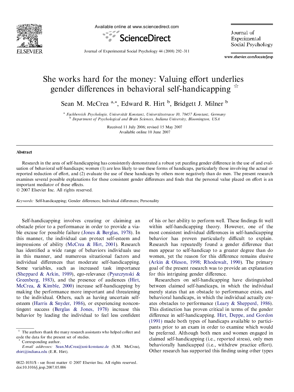 She works hard for the money: Valuing effort underlies gender differences in behavioral self-handicapping 