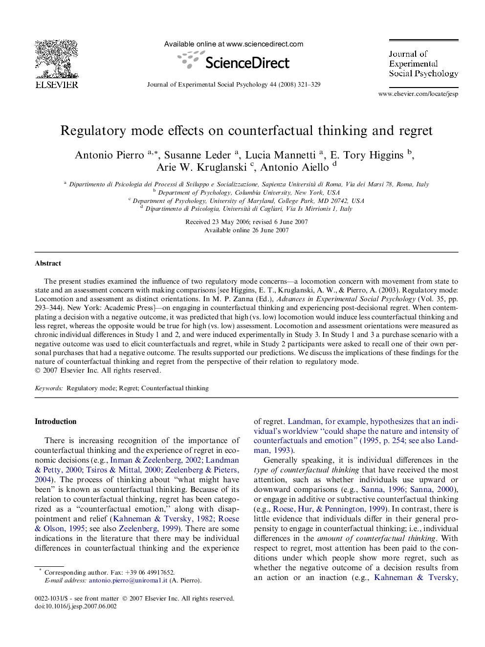 Regulatory mode effects on counterfactual thinking and regret