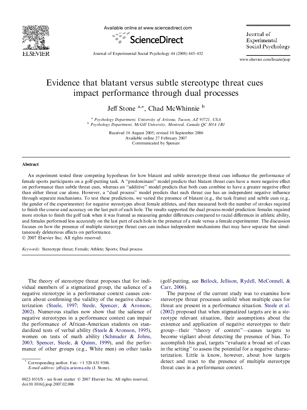 Evidence that blatant versus subtle stereotype threat cues impact performance through dual processes