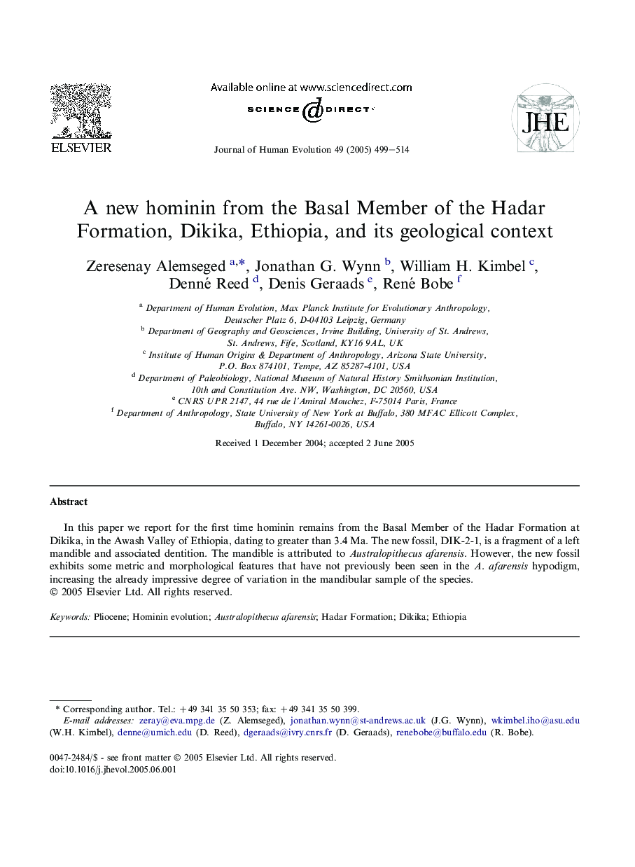 A new hominin from the Basal Member of the Hadar Formation, Dikika, Ethiopia, and its geological context