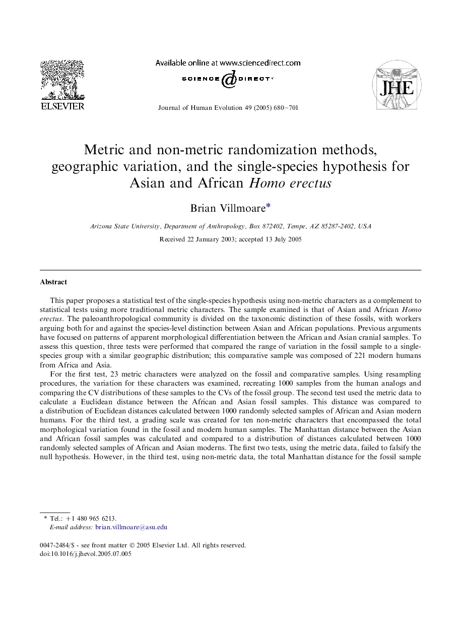 Metric and non-metric randomization methods, geographic variation, and the single-species hypothesis for Asian and African Homo erectus