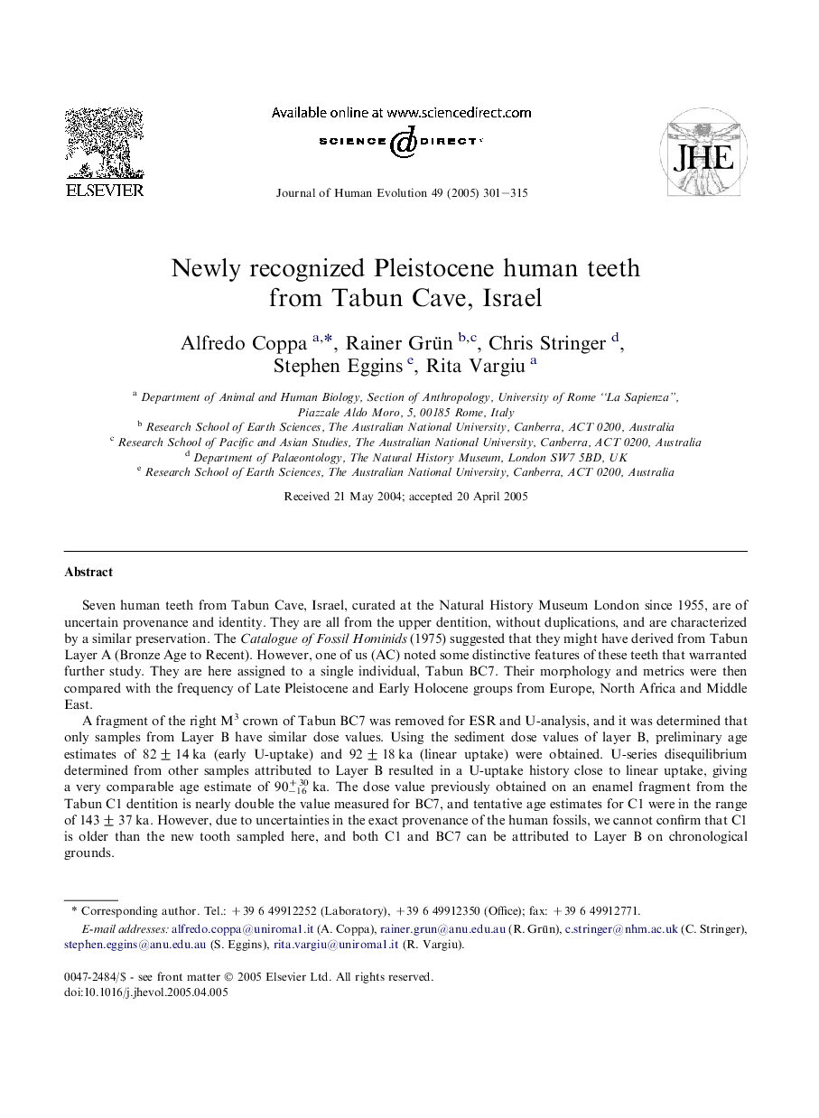 Newly recognized Pleistocene human teeth from Tabun Cave, Israel