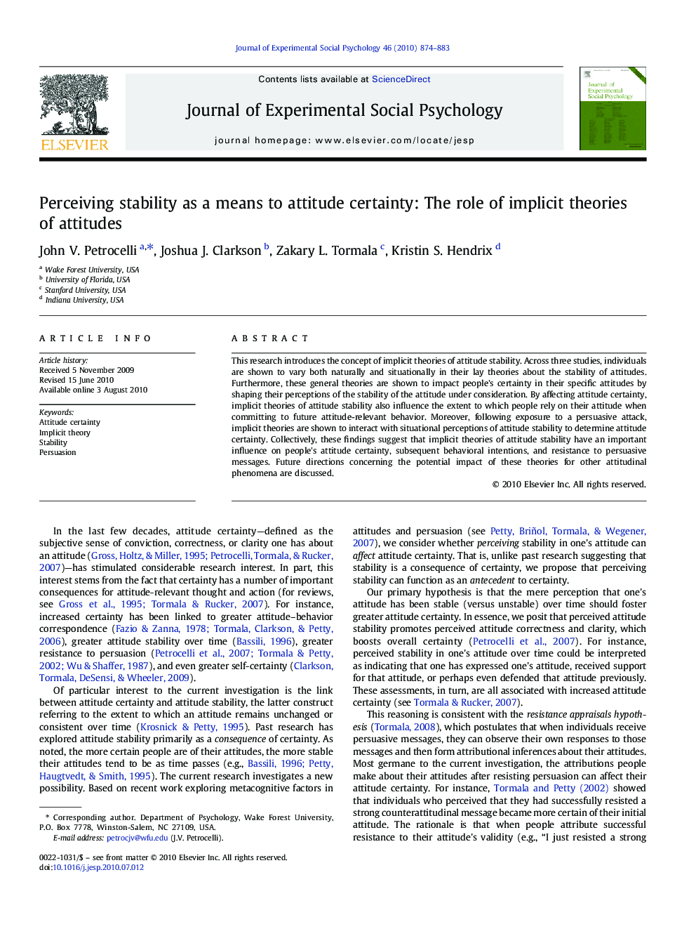 Perceiving stability as a means to attitude certainty: The role of implicit theories of attitudes