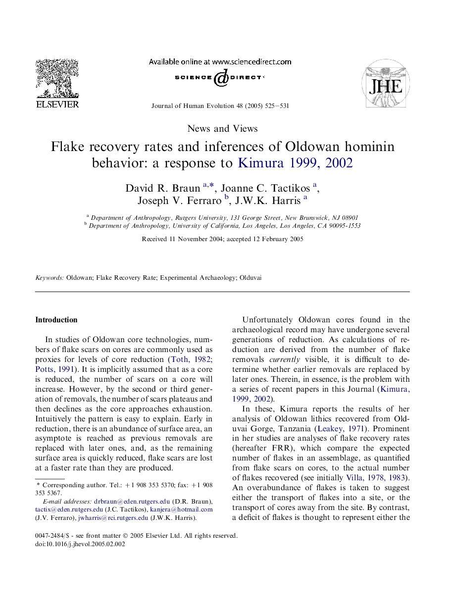 Flake recovery rates and inferences of Oldowan hominin behavior: a response to Kimura, 1999, Kimura, 2002