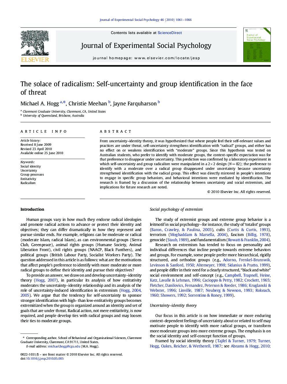 The solace of radicalism: Self-uncertainty and group identification in the face of threat