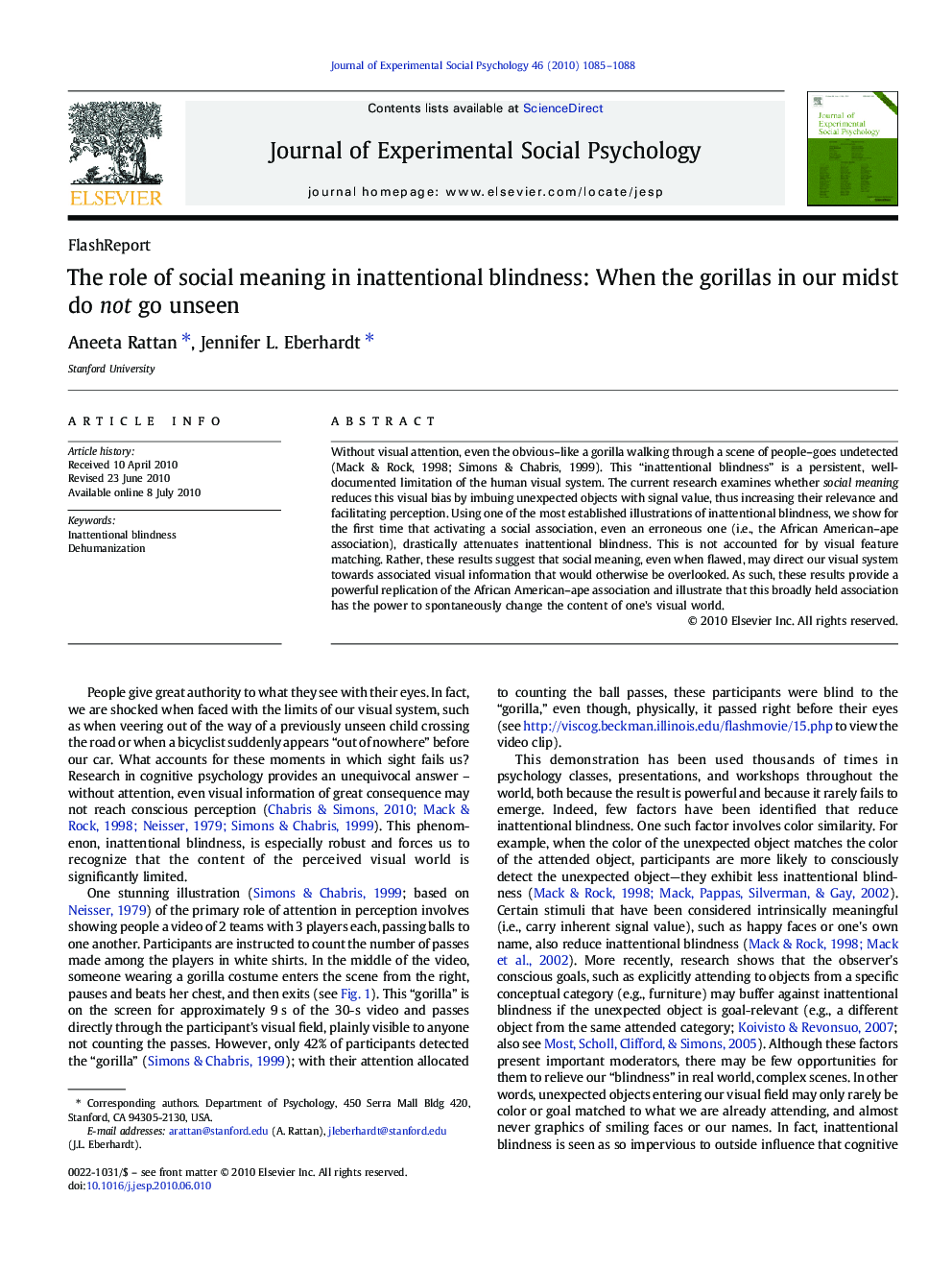 The role of social meaning in inattentional blindness: When the gorillas in our midst do not go unseen