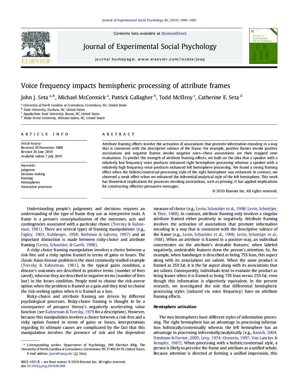 Voice frequency impacts hemispheric processing of attribute frames