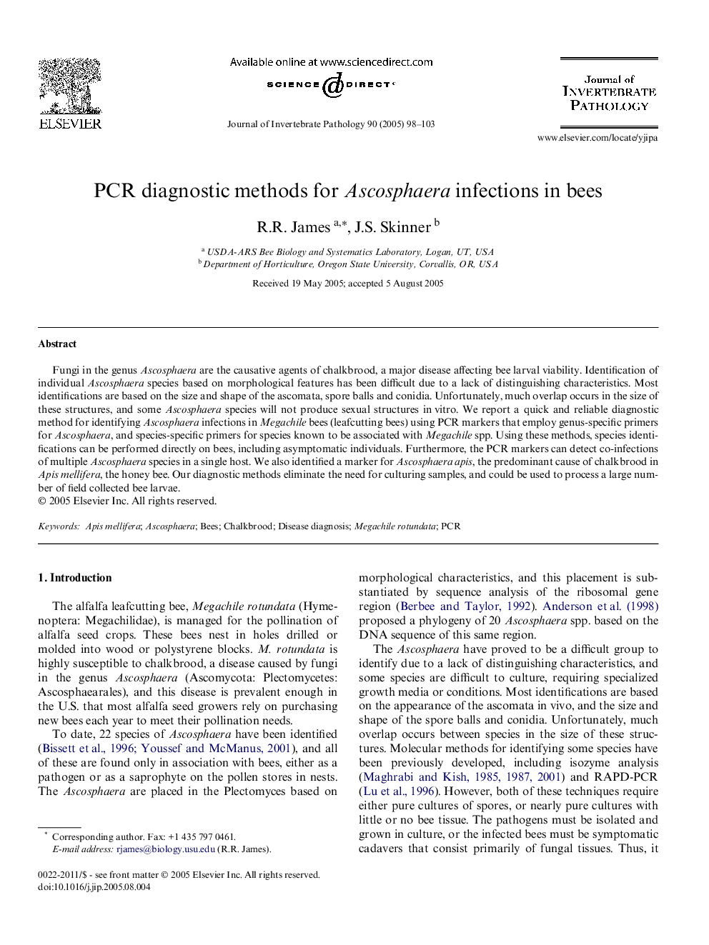 عکس صفحه اول مقاله: PCR diagnostic methods for Ascosphaera infections in bees PCR diagnostic methods for Ascosphaera infections in bees