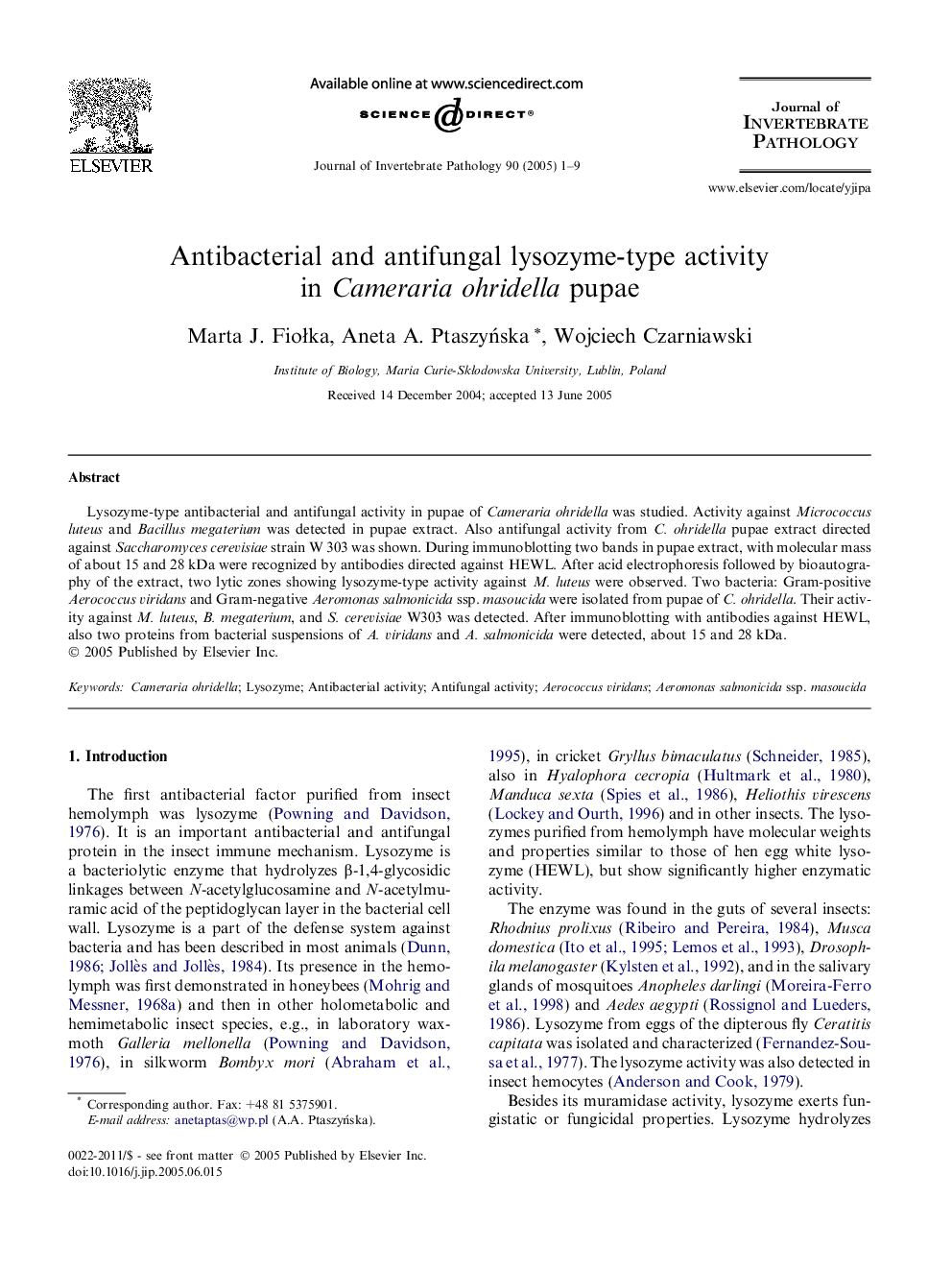 Antibacterial and antifungal lysozyme-type activity in Cameraria ohridella pupae