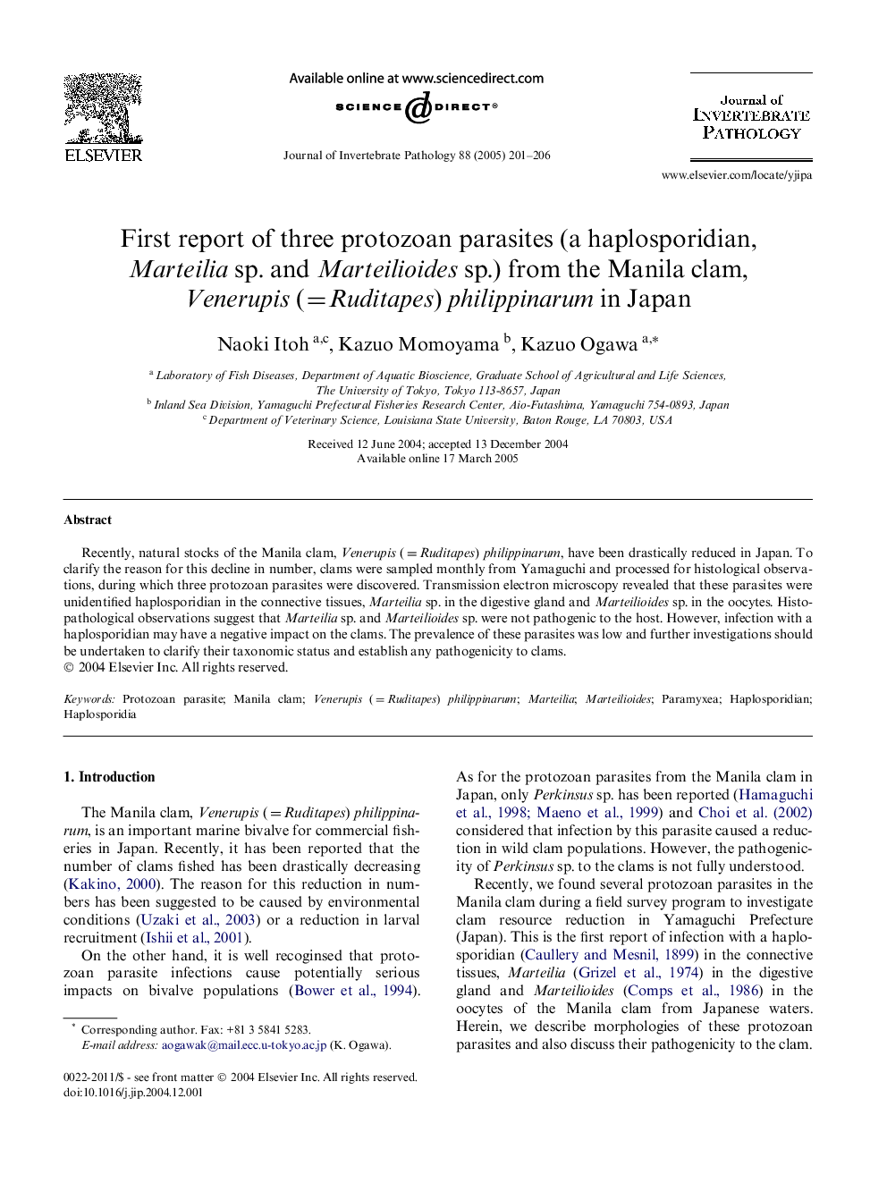 First report of three protozoan parasites (a haplosporidian, Marteilia sp. and Marteilioides sp.) from the Manila clam, Venerupis (=Ruditapes) philippinarum in Japan
