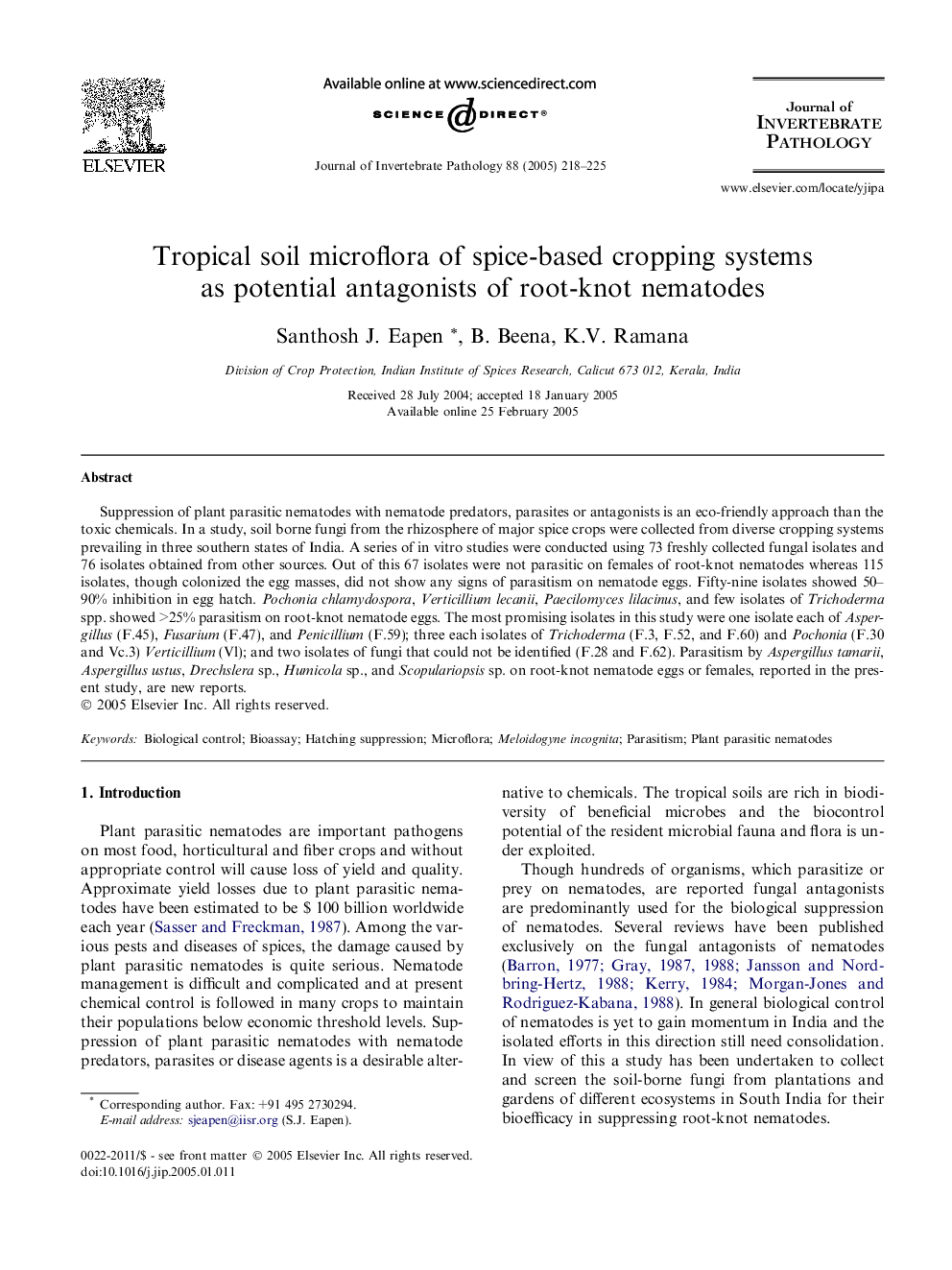 Tropical soil microflora of spice-based cropping systems as potential antagonists of root-knot nematodes